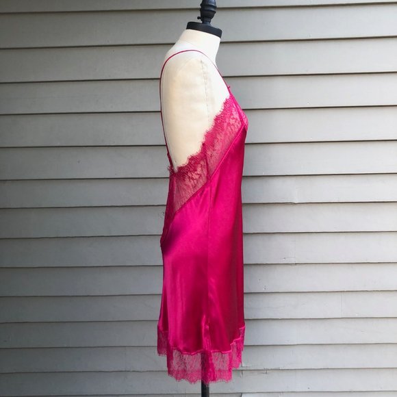 NWOT New 100% Silk Pink Red Lace Criss Cross Chemise Negligee Full Slip Dress M - Picture 7 of 17